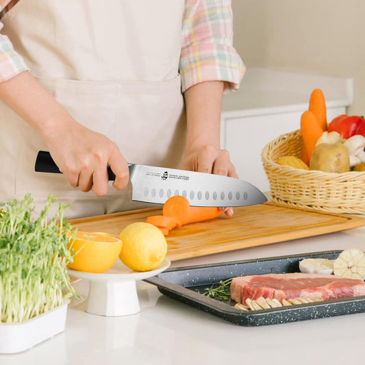 Santoku Knife Pro Asian Chef Knife 7 inch Kitchen Knife Non-stick Cooking Knife for Vegetables Fruits Meat, AUS-8 Stainless Steel with Ergonomic Handle Gift Box, Ring Lite Series