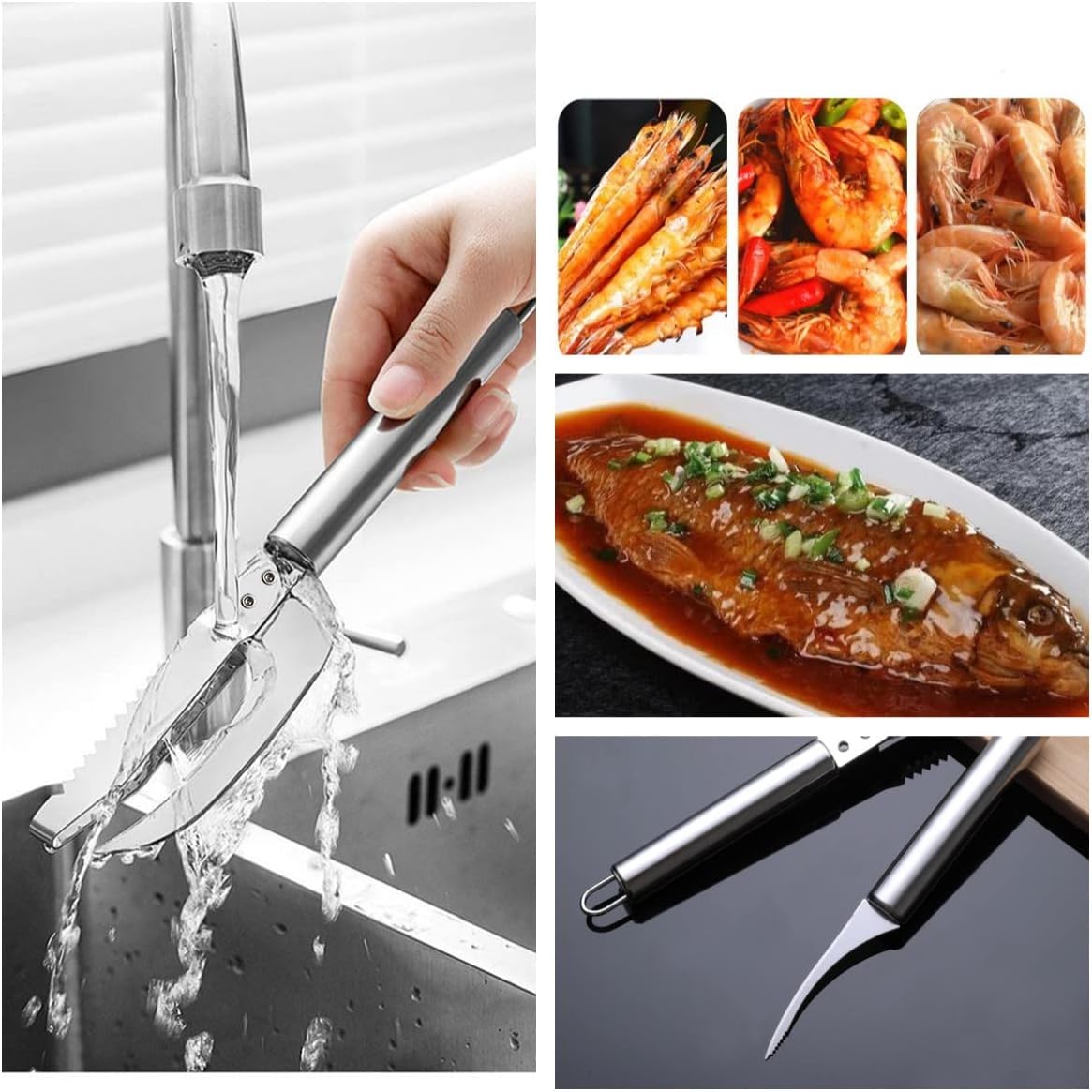 Fish Scale Knife Cut Scrape Dig 3-in-1Tool, Stainless Steel Peelers Scraping Boning Filleting Stainless Steel Shrimp Whisker Peeler Tool, 5 in 1 Multifunctional Shrimp Line Fish Maw Knife 2Pack