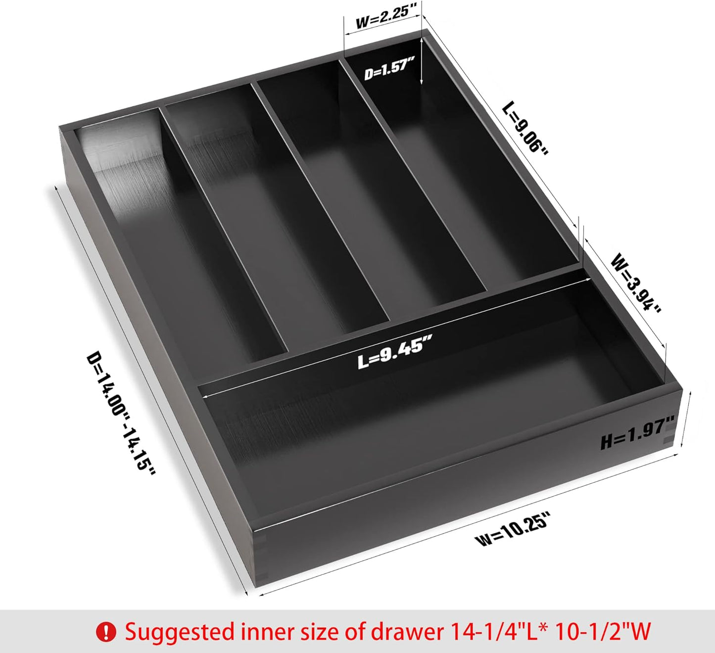 Silverware Drawer Organizer Cutlery Tray - Bamboo Black Small Kitchen Gadgets Holder&Flatware Storage 14"D * 10-1/4"W * 2"H