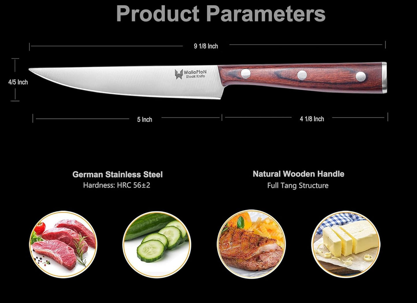 Steak Knives Set of 6 - Ultra Sharp Easy to Hold - Full Tang Wood Handle High Carbon Stainless Steel, Straight Edge Non Serrated - 5'' Kitchen Dinner Knife Cutlery Set in Gift Box