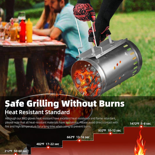 BBQ Gloves 1472F Heat Resistant Anti Slip Long with 2 Hooks | One Size, Hand & Wrist Protection for Kitchen, Fireplace, Griddle, Smoker
