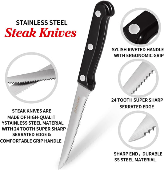 SUNALND Steak Knives Set,Micro Serrated Edge Full Tang Triple Riveted Steak Knife (4)