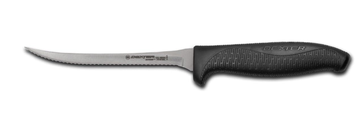 24303B SofGrip Utility Knife, 5.5" Scalloped Edge, Narrow Blade, High-Carbon Steel, Non-Slip Rubber Grip, Black, Ergonomic Design Handle, Made in USA