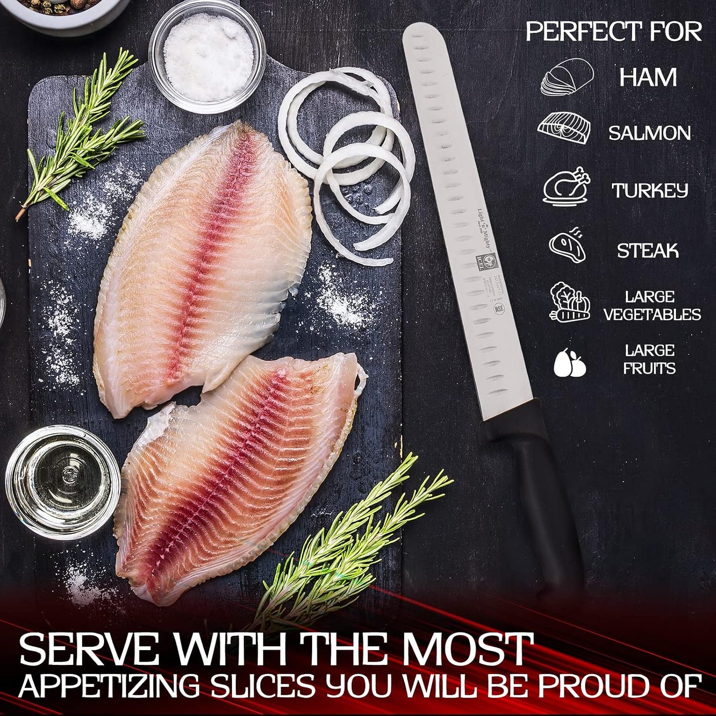 12 Inch Slicing Knife with Granton Edge for Slicing Turkey, Roast or Steak | Meat Slicing Knife, Stainless High Carbon German Steel, Best Knife to Slice Large Roast and Whole Turkey