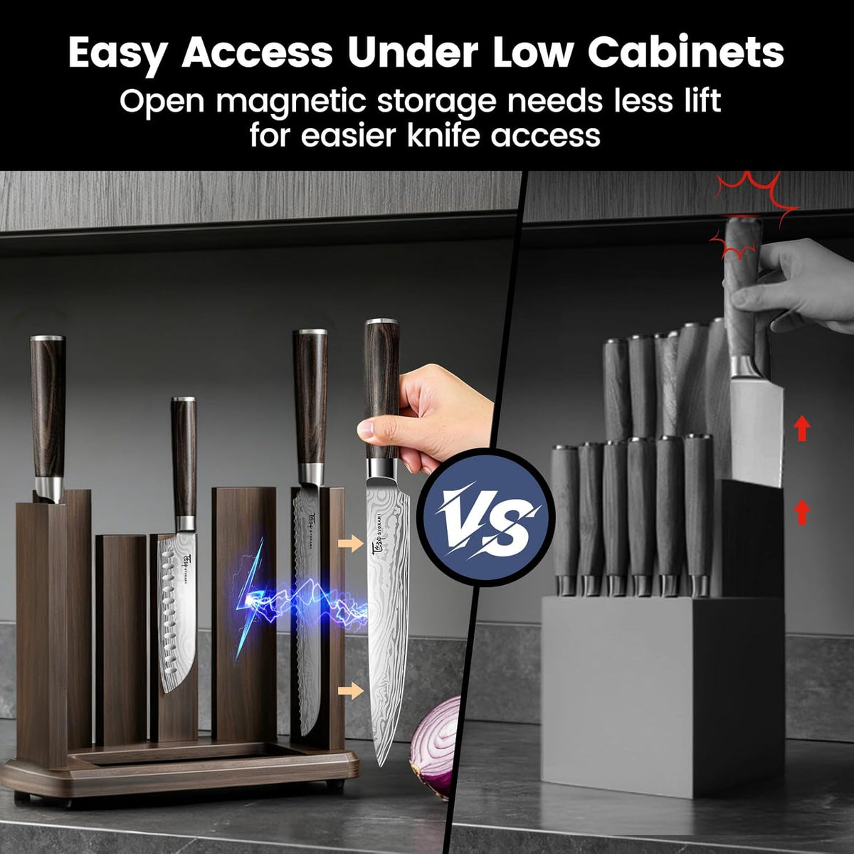 15-Piece Kitchen Knife Set with Magnetic Block, New for 2026 | Detachable Steak Knife Block for Table Service, Built-In Sharpener, Wood Handle, Damascus Pattern, Housewarming Gifts