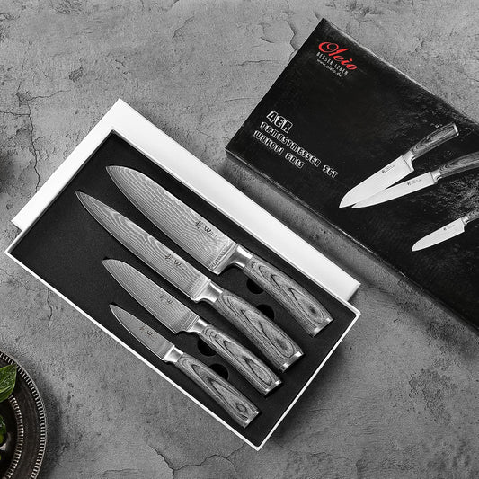 EDIS Damascus Kitchen Knife Set, 4-Piece VG10 Core, Pakkawood Handle | Santoku, carving, small santoku and paring knives cover roast slicing, vegetable prep, herbs, fruit, and trimming, gift box