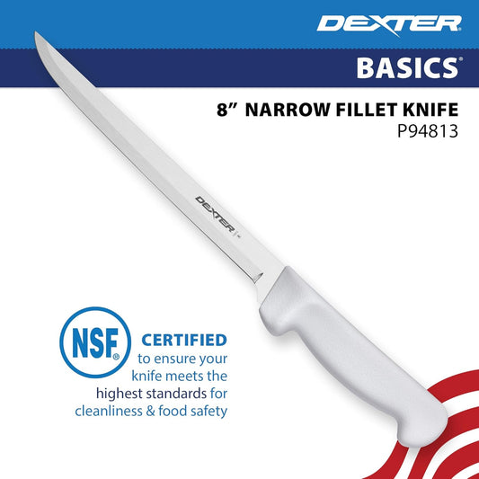 Dexter Basics 8" Flexible Fillet Knife, Stainless Blade, White Handle | Flexible high-carbon stainless steel blade follows bones for clean fillets. Designed for fish and seafood prep work.
