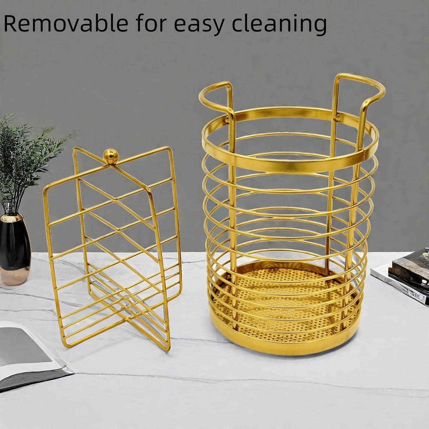Gold Kitchen Divided Organizer, Kitchen Countertop Holder for Serving Utensils, Stainless Steel Mesh Storage Baskets for Holding Knife Fork Spoon