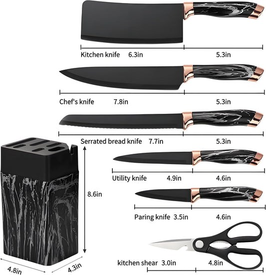 Kitchen Block Knife Set 7Pcs with Sharpener, Forged Cutlery with Razor-Sharp Stainless Steel Blades Anti-Rust Kitchen Knife Block Set, Ergonomical Design (black)