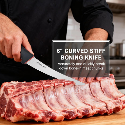 6" Curved Stiff Boning Knife, Non-Slip Grip for Meat Cutting | Non-Slip SoftGrip Handle, Sharp, High-Carbon Steel, Effortless Deboning, For Beef, Pork & Poultry, Ideal for Filleting.