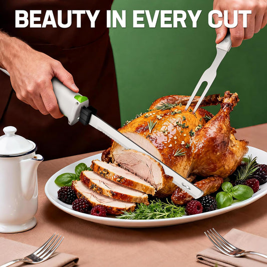 Electric Knife for Meat Slicing, Cordless Electric Carving Knife for Turkey, Fish & Bread, Two Stainless Steel Blades, Ergonomic Handle, Storage Case & Serving Fork Included, White