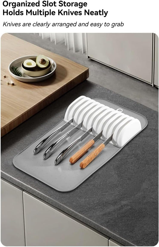 11 Slot Knife Drawer Organizer Tray – Slim In-Drawer Knife Holder Insert with Non-Slip Mat, Compact Kitchen Knife Storage (Gray & White)
