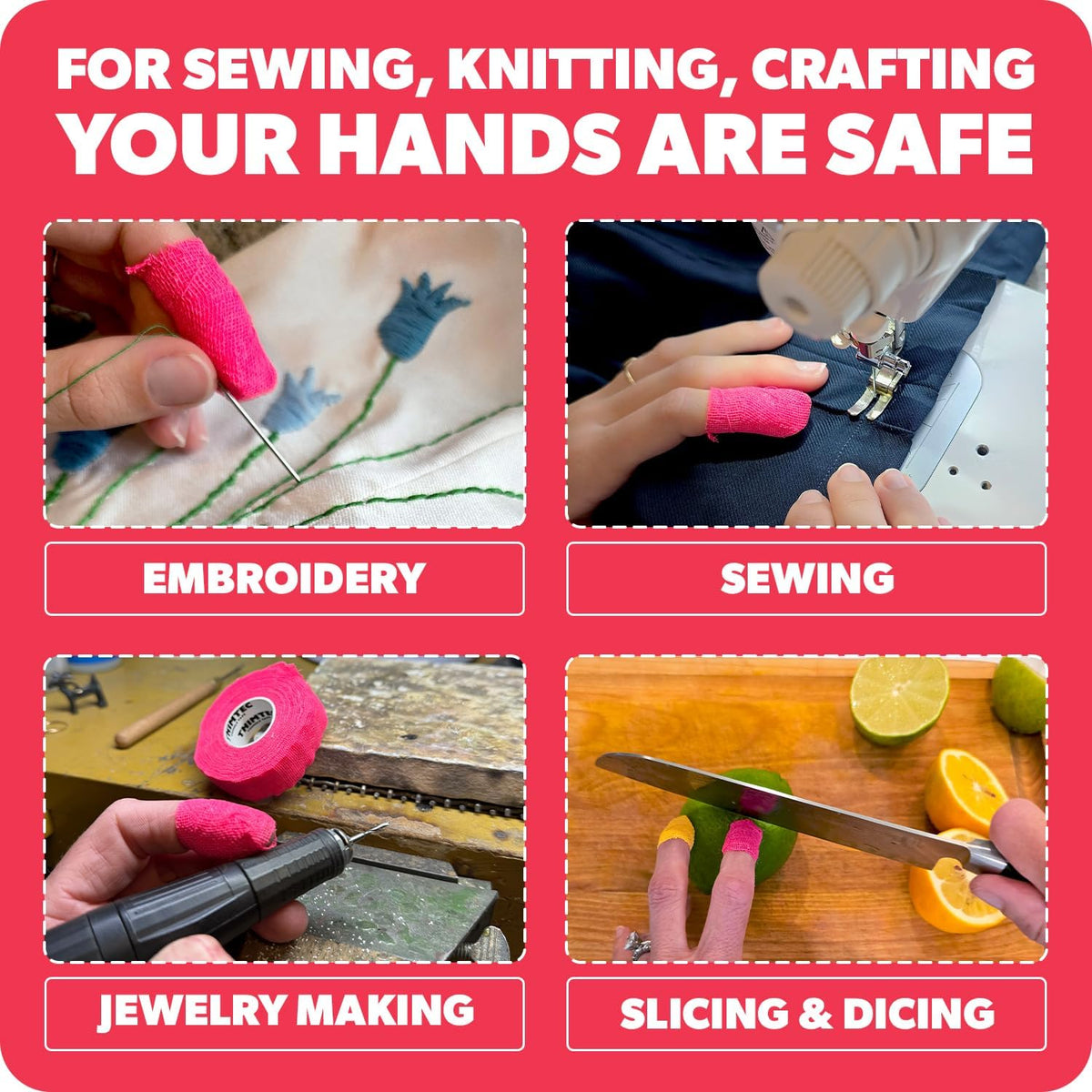 The Original Thimble Tape for Hand Sewing - Fully Adjustable Nail & Finger Protector - A Smarter Alternative to Classic Knitting Thimbles - Caution Tape, 2-Pack