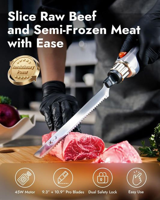 SliceMaster Cordless Electric Knife, 45W High-Torque Motor, 9.3" & 10.9" 420 Stainless Steel Blades, Waterproof Rechargeable Electric Carving Knife, Type-C Charge, Safety Lock, Black
