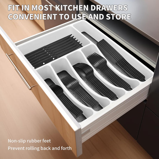 53PCS Black Silverware Set for 8 with Flatware Drawer Organizer, Stainless Steel Cutlery Set with Steak Knives, Include Spoons and Forks Set & Serving Utensils, Mirror Polished, Dishwasher Safe