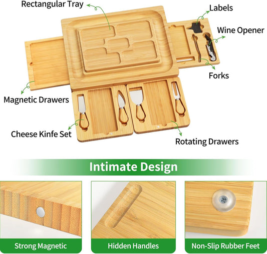 Bamboo charcuterie boards Gift Set - Serving Meat Cheese Board, Charcuterie Board Set with 4 Stainless Steel Cheese Knife, Ideal for House Warming Gifts New Home, Christmas, Bridal Shower Gift