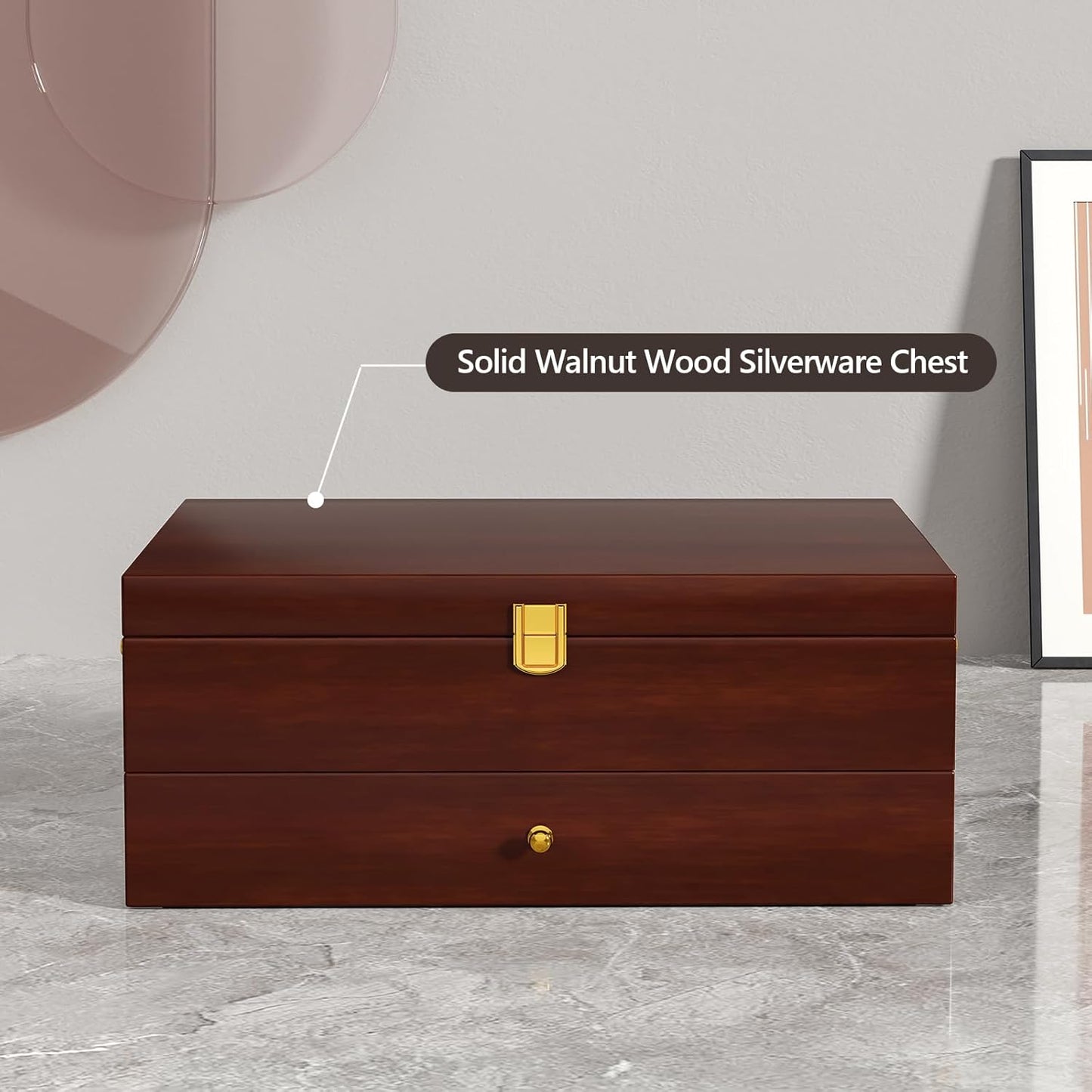 Solid Walnut Silverware Storage Box, 2-Layer Silverware Chest with Drawer, Flatware Case with Lid and Felt Lined, Wood Flatware Storage Box Holds 12-16 Sets of Utensils, Wedding Housewarming Gifts