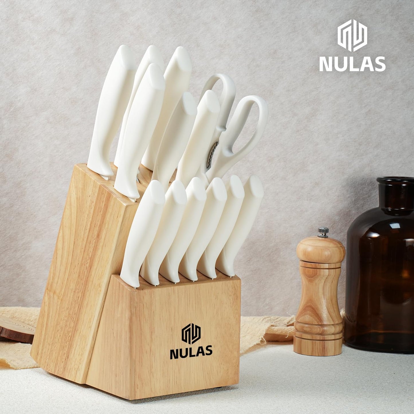 15-Piece Kitchen Knife Block Set with Built-in Sharpener, Upgraded Non-Stick Coating Blades, Ergonomic Handles, Dishwasher Safe, Cream