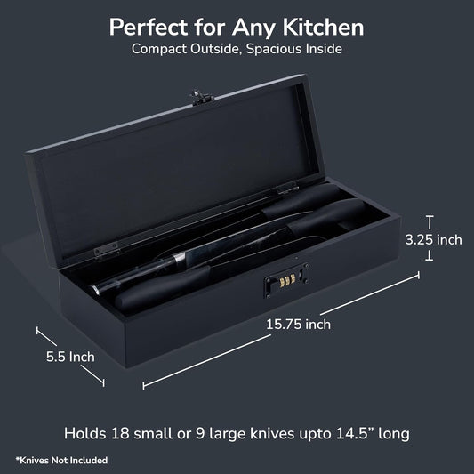Upgraded Combination Lock Bamboo Locking Kitchen Knife Storage – Secure & Eco-Friendly Wooden Knife Box with Improved Quality, Fits in Drawers & Keeps Knives Safe (Black)