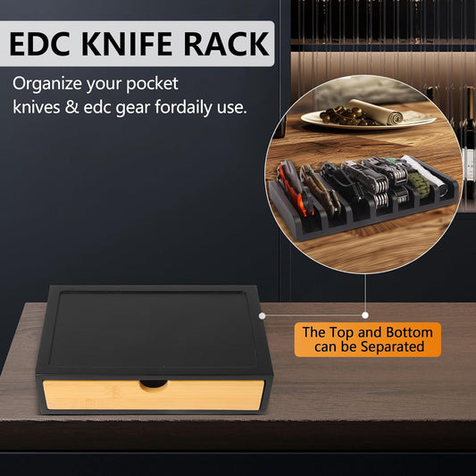 Pocket Knife Display Case, EDC Knife Rack for 7 Knives - Wooden Knife Organizer with Drawer for EDC Flashlight Or Knives Accessories, Knife Holder Suitable as Christmas Gift for Men, Black