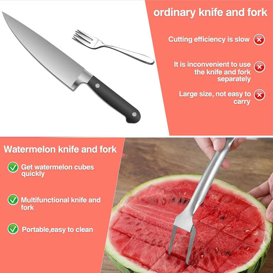 2 Pack 2-in-1 Watermelon Fork Slicer Cutter, Summer Stainless Steel Watermelon Fruit Cutter, Portable Fruit Forks Slicer Knife Kitchen Gadgets for Family Parties Camping (2pc)
