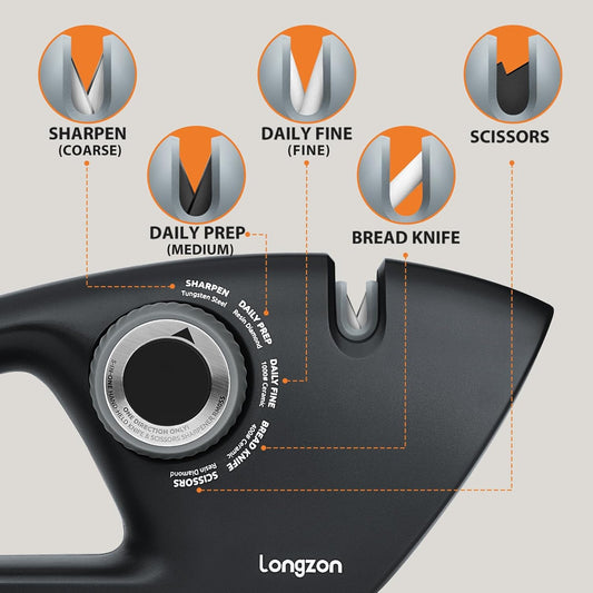 Longzon 6-in-1 Knife Sharpener 5 Stage with Cut-Resistant Glove, Manual Kitchen Tool for Straight & Serrated Knives, Quickly Sharpens Restores & Polishes Dull Blades Safe for Home Kitchen