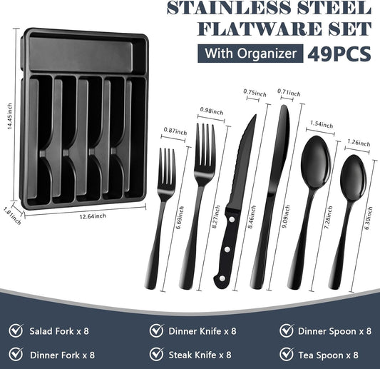 BEWOS 49-Piece Silverware Set with Organizer - Stainless Steel Silverware Set for 8 with Steak Knives and Drawer Organizer, Mirror Polished Flatware Set for Home and Restaurant, Dishwasher Safe