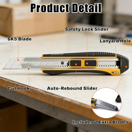 2-In-1 Safety Utility Knife 2 Pack Heavy Duty Retractable Box Cutter Set with 4 extra Wide 25mm Razor Sharp Blades for Cardboard, Boxes, DIY Crafts