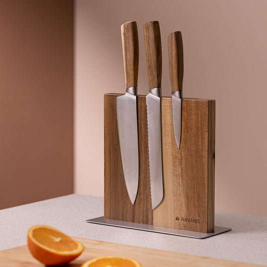 Navaris Magnetic Knife Block - Kitchen Storage with Strong Magnets for Knives & Utensils - Simple Modern Magnet Utensil Holder in Bamboo - 8.9" x 8.7"