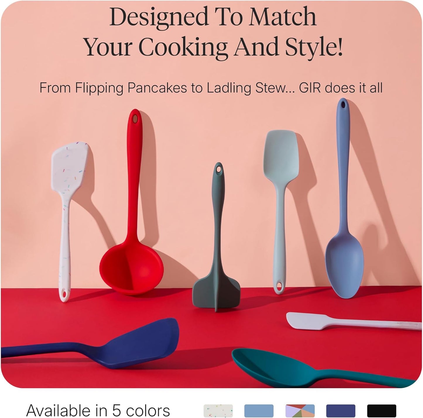GIR: Get It Right 5 Piece Silicone Ultimate Kitchen Utensils Set - Ladle, Spatula, Flip, Spoon & Spoonula - Non-Toxic Cooking Utensils for Nonstick Cookware, Cooking and Baking - Red
