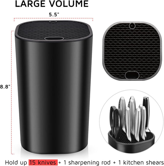 Universal Knife Block for Kitchen, WELLSTAR Knife Holder without Knives, Safe Space Saver Large Volume Stable Knife Storage with Scissors and Sharpening Rod Slot, Detachable for Easy Cleaning - Black