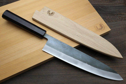 Yoshihiro Kurouchi Black-Forged Blue Steel Stainless Clad Gyuto Chefs Knife Ebony Handle (9.5'' (240mm) & Saya)