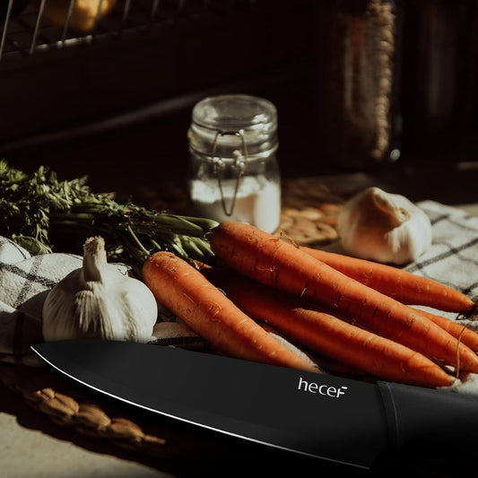 hecef Black Oxide Knife Set of 6 with Matching Protective Sheath, Kitchen Knives Scratch Resistant and Rust Proof, Hard Stainless Steel, Non Stick Black Color Coating Blade