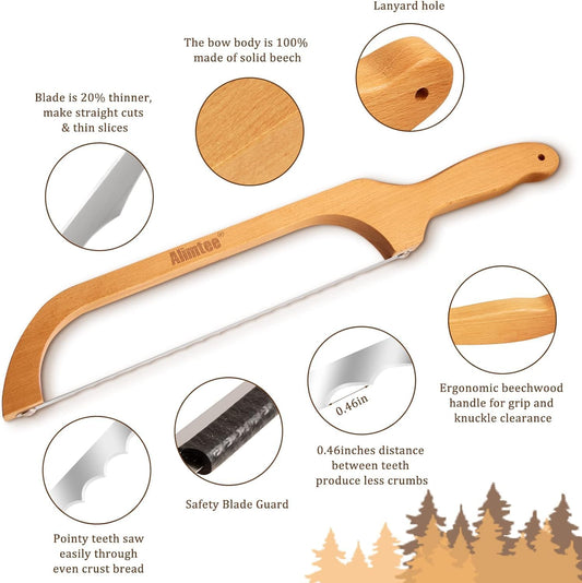 Bread Knife, 16" Wooden Serrated Bagel Knife, Fiddle Bow Design Easy to Cutting, Sourdough Cutter for Homemade Bagels, Bread, Baguettes and More - Premium Stainless Steel