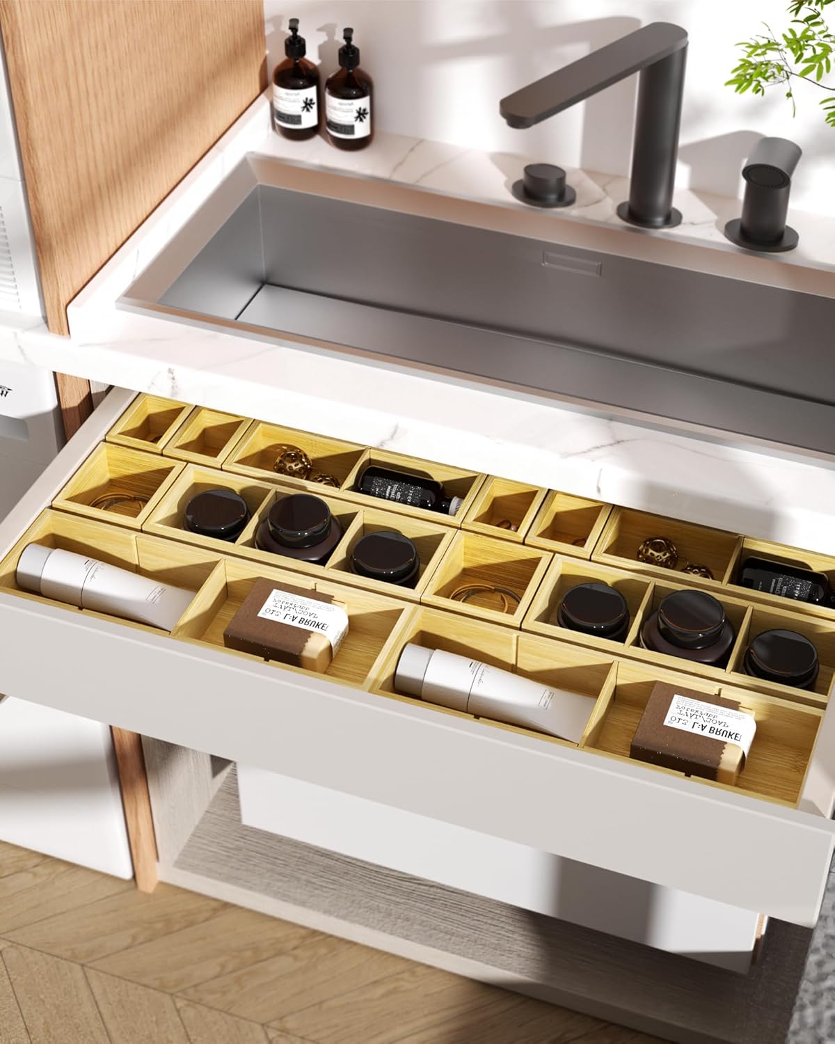 12 Compartments Silverware Drawer Organizer, 6 Piece Bamboo Utensil Tray Set for Kitchen Spoons Forks Knives, Adjustable Cutlery Holder with Removable Dividers for Flatware, Bedroom & Living Room