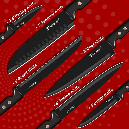 12-Piece Kitchen Knife Set, Stainless Steel Knives with Non-Stick Coating, Dishwasher Safe, Black Knife Set with Rose Gold Rivets 6 Blade Guards, Perfect for Home Chefs Cooking Enthusiasts