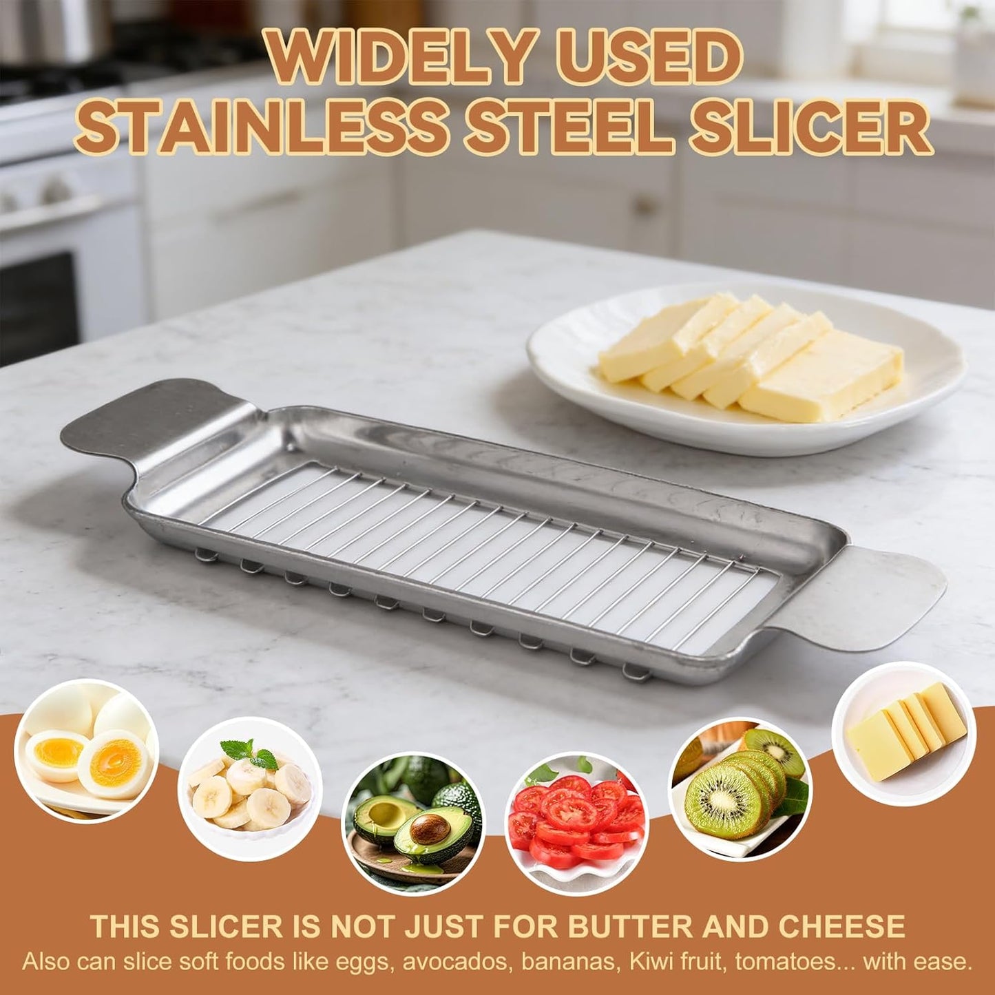 2 Pcs Butter & Cheese Slicer Cutter for Butter Squares and Block Cheese, Ergonomic Handheld Stainless Steel Wire Slicer for Cutting Butter and Soft Food