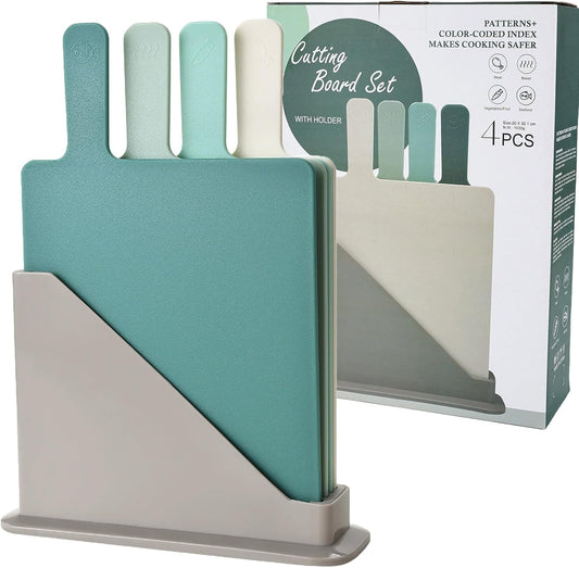 Plastic Cutting Boards for Kitchen, 4-Pieces Cutting Board With Food Icons And Storage Stand, Easy Grip Handle, Professional Chopping Board Set for Meat, Veggies, Fruits(12.9"X 9.4" X 3.1")