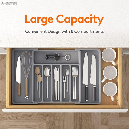 Expandable Drawer Organizer, BPA Free Utensil, Adjustable Flatware & Cutlery Holder/Divider Tray for Spoons Forks, Knives Kitchen Tableware Storage -13-22.4 X 15 X 2 inch(8-Slots/Grey)