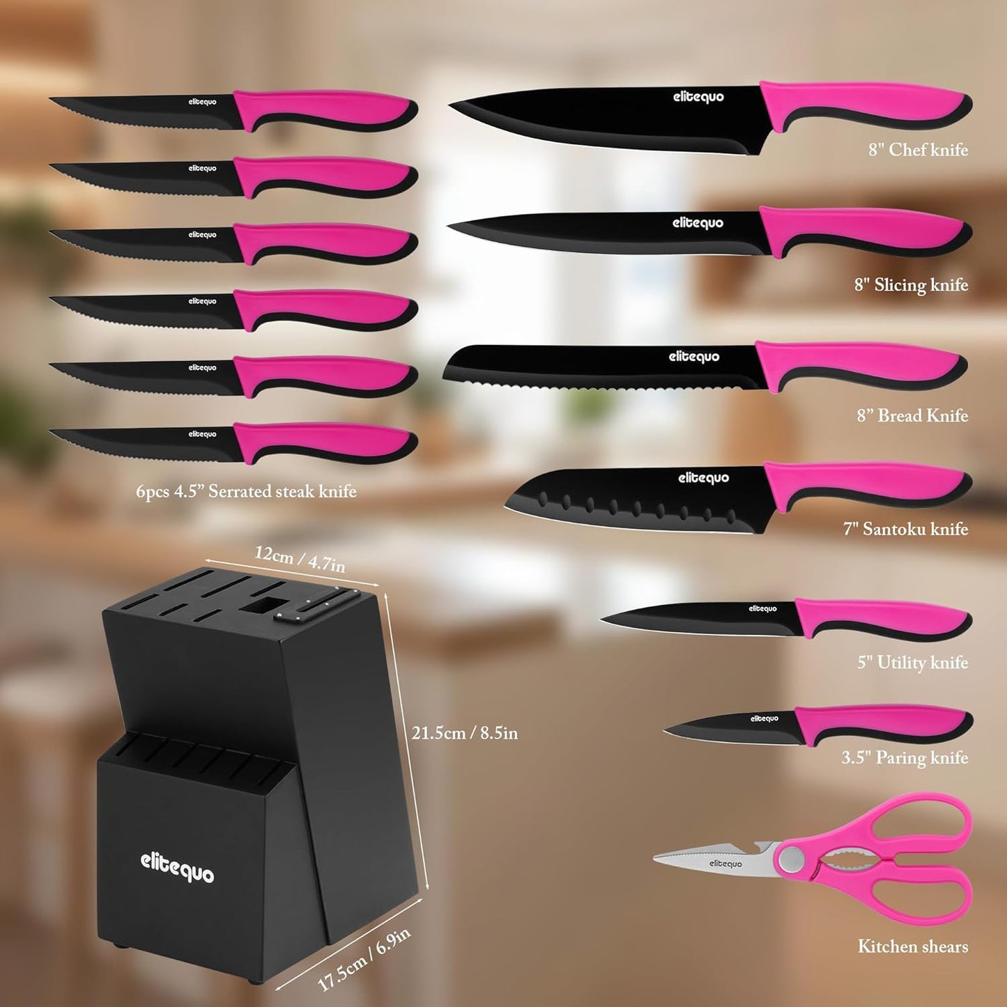 14 Piece Kitchen Knife Set with Built-in Sharpener, German Stainless Steel & Ceramic-Coated Blades, Dishwasher Safe