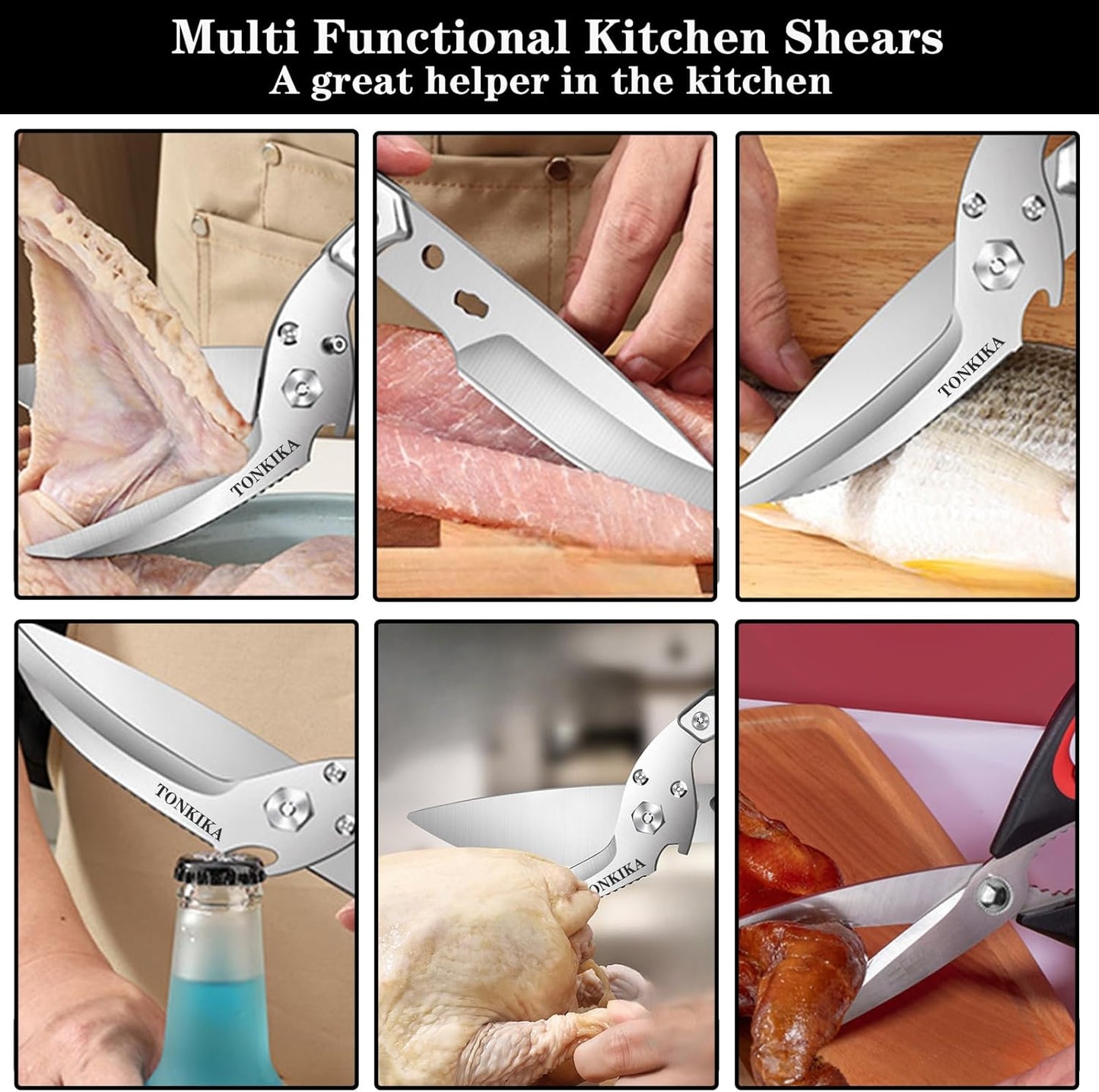 Heavy Duty Kitchen Shears, 2 Pack Detachable Poultry Scissors, Silver Black, Ambidextrous, Dishwasher Safe
