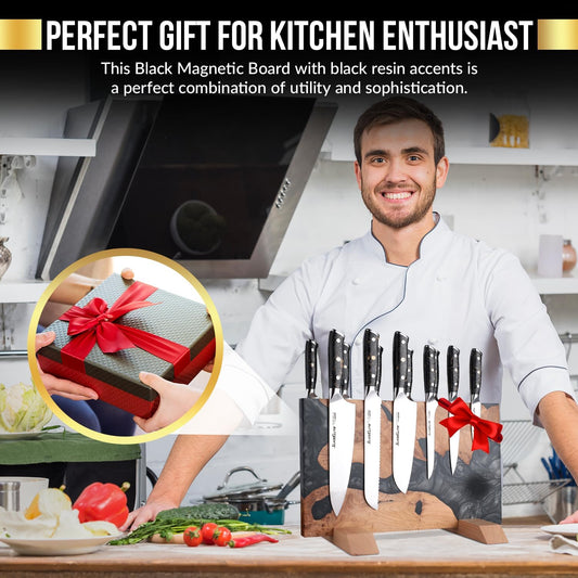 SliceElite Magnetic Knife Block Double Sided Holder East Indian Walnut Black Resin Dual Surface Magnet Storage for Knives on Kitchen Countertop Holds Up To 20 Knives