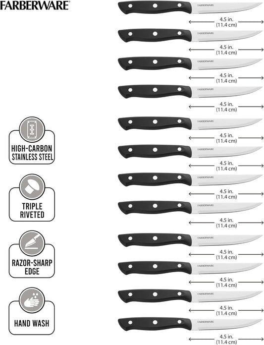 Farberware Full-Tang Triple-Riveted 8-Piece Steak Knife Set, High-Carbon Stainless Steel, Razor-Sharp Knives with Ergonomic Handle, Kitchen Knives, Set of 8, Black