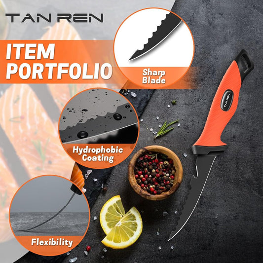 TAN REN Fillet Knife for Fish 9 inch, Flexible Fishing Knife for Filleting and Cleaning, Non-slip Handle Stainless Steel Filet Knives with Sheath, Fishing Gifts for Men