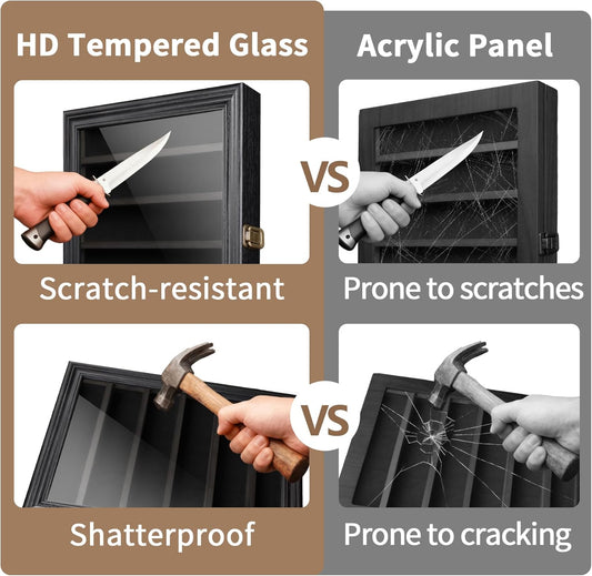 ASmileIndeep Pocket Knife Display Case, 6 Rows Knives Box Cabinet with HD Tempered Glass Military Folding Knife Stand with Removable 2 Grooves Shelves for Wall Mounted and Desk Display, Black