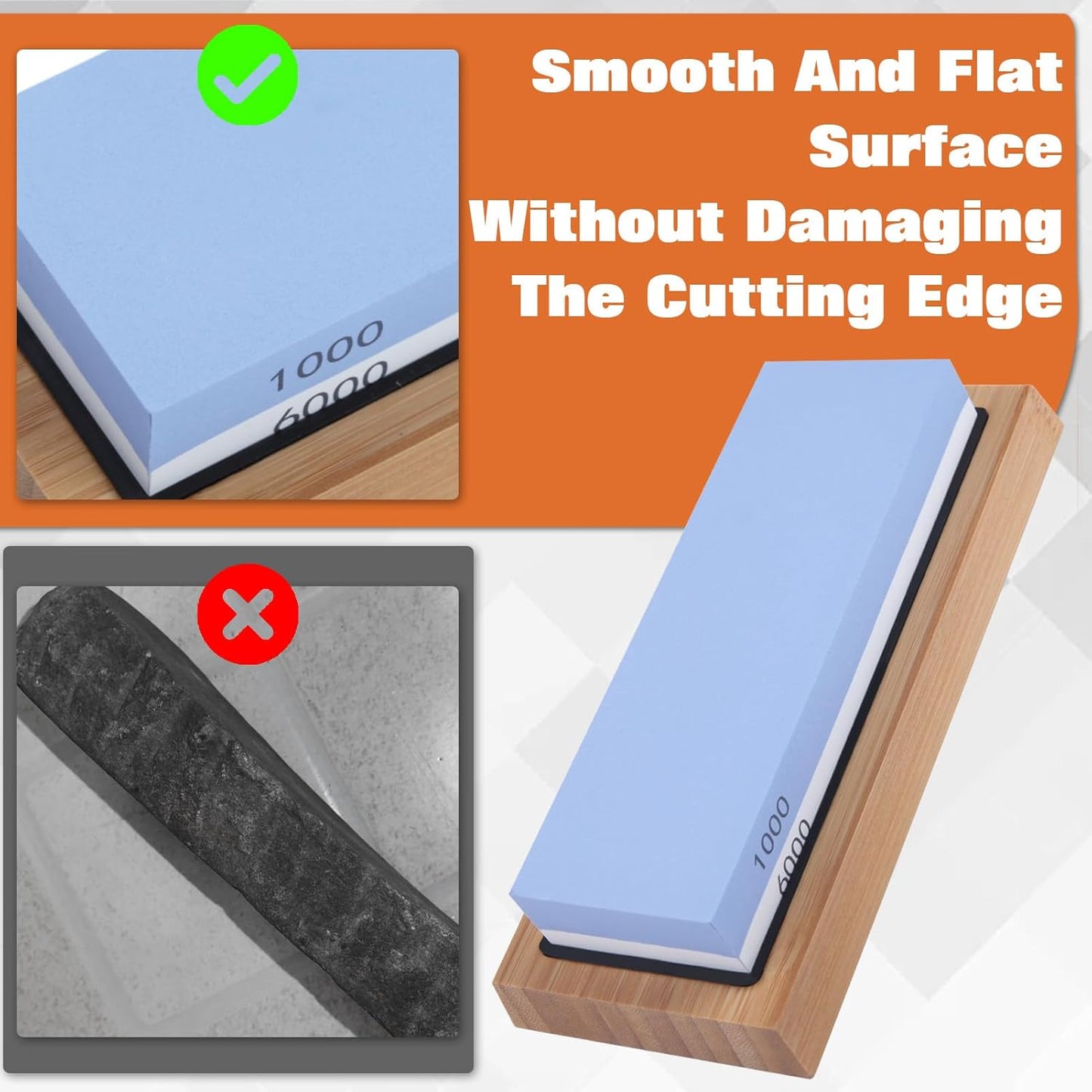Whetstone Knife Sharpening Stone Kit 1000/6000 Grit Double Sided Kitchen Whetstone Knife Sharpener Wet Stones Flattening Stone with Non-Slip Silicon Bases, Bamboo Bases and Angle Guide