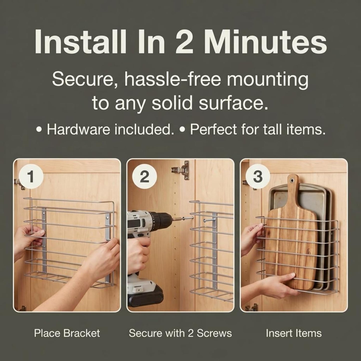 Household Essentials Tall Door Mount Cabinet Organizer, Sturdy Steel Wire Frame, Elegant Nickel Powder Finish, Mounts to Solid Surface, Included Hardware, Great for Tall or Large Items