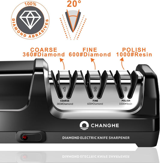 Electric Knife Sharpener 3 Stage - 100% Diamond Abrasives with 15°Precision Angle Guide, for Sharpening and Polishing Steel Kitchen Knives and Ceramic Knives,240 Grit and 600 Grit and 1000 Grit