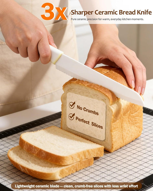Bread Knife for Homemade Bread, Ceramic Serrated Sourdough Bread Slicer Set with Measuring Baking Mat & Cover, 7.6” Precision Cutting Knife for Artisan Loaves & Baking