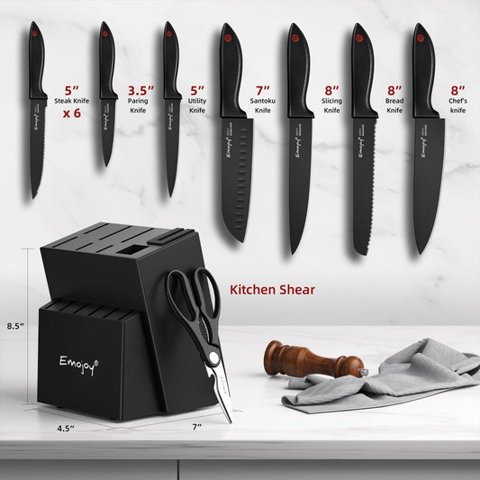 Emojoy Knife Set, Kitchen Knife Set with Block – 15 PCS German Stainless Steel Knives with Built-in Sharpener for Home Cooking, Dishwasher Safe, Black
